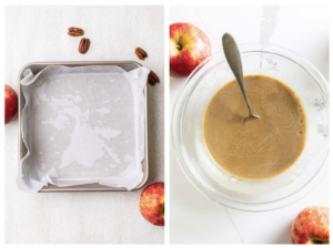 A pan shown lined with parchment paper and a bowl with wet ingredients shown whisked together.
